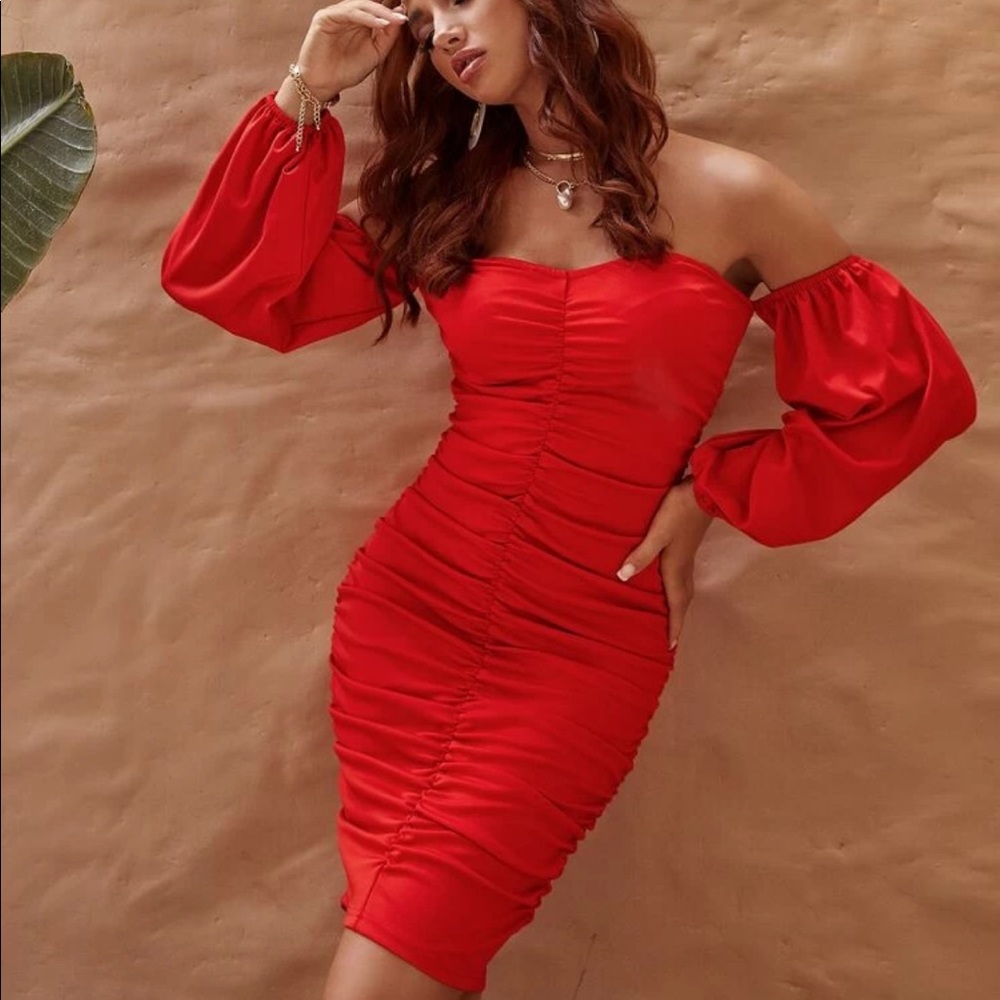 Glamaker Bishop Sleeve Ruched Bardot Dress